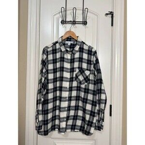 Old Navy Women 2XL Black White Flannel Button Down Shirt Cotton Long Sleeve